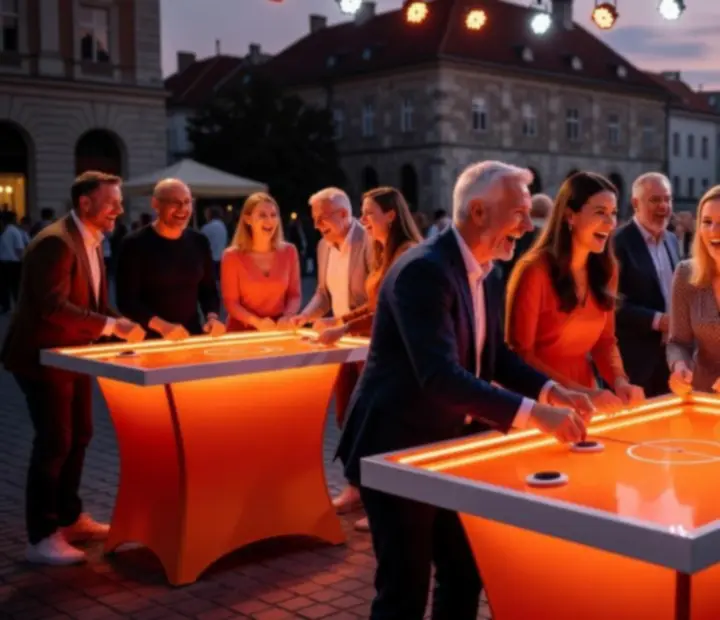 Vendégek játékasztal körül, narancs fényekkel